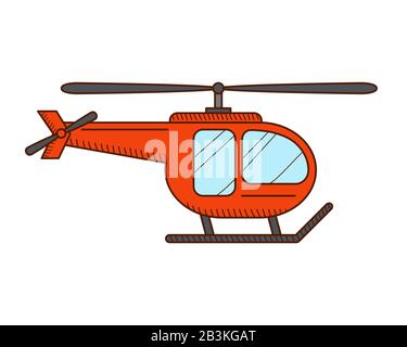 Hélicoptère rouge isolé sur fond blanc. Transport aérien pour le voyage dans le monde entier, voyages. Style de dessin animé Illustration de Vecteur