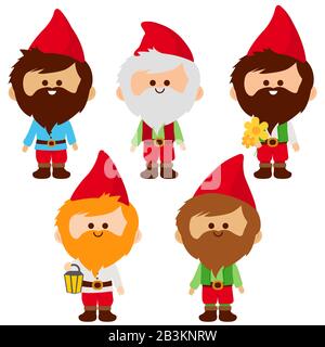Ensemble de gnomes de jardin mignons. Printemps jardinage des personnages nains avec des chapeaux rouges. Mignons gnomes de jardin heureux dans le jardin. Banque D'Images