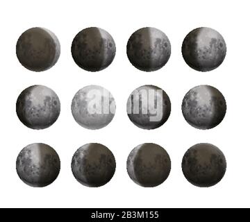 Tout le cycle de phases lunaires, de la nouvelle lune à des satellites pleins et réalistes sur blanc Illustration de Vecteur