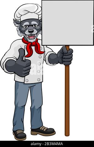 Chef Loup Restaurant Cartoon Mascot Sign Illustration de Vecteur