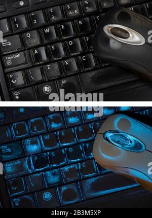 Présence de saletés sur le clavier et la souris de l'ordinateur, dans la lumière visible et UV Banque D'Images