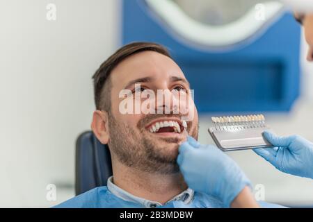 Le médecin compare les dents du patient avec le tableau de blanchiment dentaire.gros plan du patient avec un beau sourire chez le dentiste. Banque D'Images
