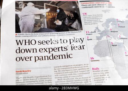 "Qui cherche à jouer la peur des experts sur la pandémie" coronovirus covid 19 Guardian article de journal Headline à Londres Angleterre Royaume-Uni Février 2020 Banque D'Images