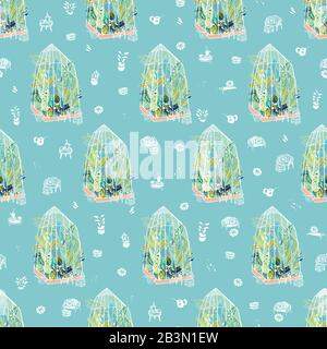 Style de vie de l'hygge vectoriel modèle exotique de demi-goutte à effet de serre avec plantes, serre-verre, ustensile de jardin sur fond bleu. Joyeux motif plantes tropicales. Parfait pour les amoureux du jardin et des plantes. Illustration de Vecteur