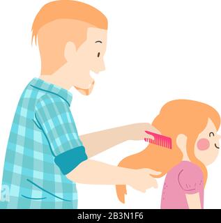 Illustration D'Un Père Holding Comb Et Peignant Ses Cheveux De Kid Girl Banque D'Images