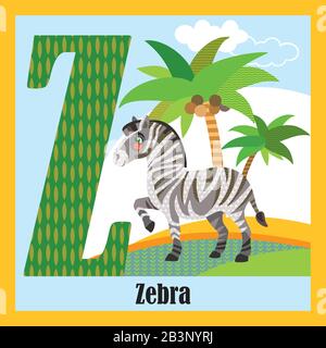 Dessins animés vectoriels cartes de l'alphabet animal, lettre Z. Dessin Animé Coloré de la lettre Z et zébra caractère vectoriel. Zoo aux couleurs vives Illustration de Vecteur