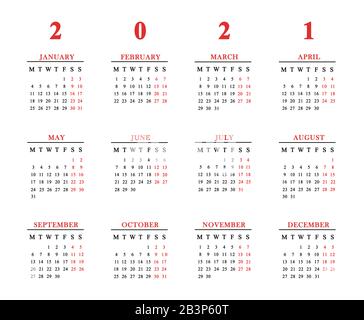 Calendrier pour 2021 sur fond blanc. Banque D'Images