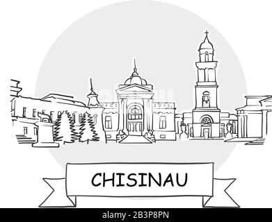 Panneau Vectoriel Chisinau Cityscape. Illustration d'un dessin au trait avec ruban et titre. Illustration de Vecteur