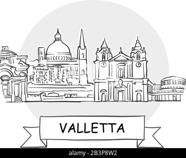 Panneau Vectoriel Valletta Cityscape. Illustration d'un dessin au trait avec ruban et titre. Illustration de Vecteur