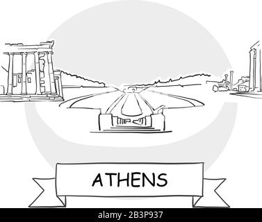 Panneau Vectoriel Athens Cityscape. Illustration d'un dessin au trait avec ruban et titre. Illustration de Vecteur