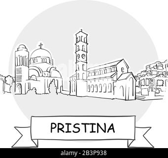 Panneau Vectoriel Pristina Cityscape. Illustration d'un dessin au trait avec ruban et titre. Illustration de Vecteur