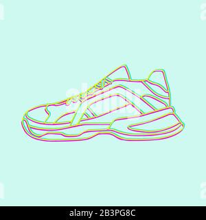 Icône vectorielle Sneakers. Chaussures brillantes Neon Linear sur fond bleu clair.illustration Simple de la forme physique et du sport, chaussure de gym. Affiche les graphiques de la boutique Illustration de Vecteur