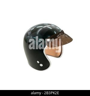 Casque pour moto, accessoire de sécurité, noir avec visière en plastique et intérieur en cuir. Isoler sur un arrière-plan blanc, vue du dessus. Photo Banque D'Images