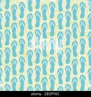 Retourner la chaussure flop sur un arrière-plan vectoriel sans couture. Sandales à la décoration en coquille de vache sur toile de fond texturée. Bleu et vert tonal. Été Illustration de Vecteur