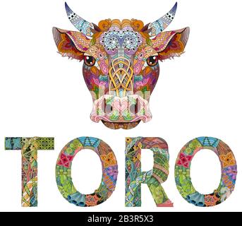 Bull en espagnol avec une illustration de la tête de taureau sur le fond blanc Illustration de Vecteur