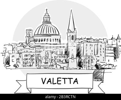 Signe Vectoriel Urbain Dessiné À La Main Valetta. Illustration De L'Art De La Ligne Noire Avec Ruban Et Titre. Illustration de Vecteur