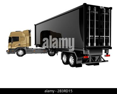 Rendu tridimensionnel de l'unité de tracteur avec vue arrière de remorque noire sur fond blanc sans ombre Banque D'Images