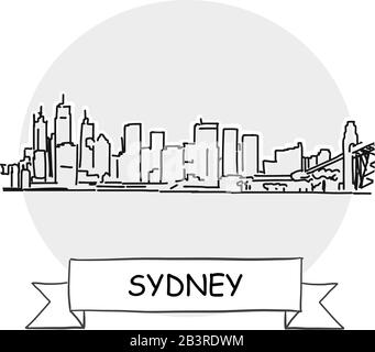 Panneau Vectoriel Urbain Dessiné À La Main À Sydney. Illustration De L'Art De La Ligne Noire Avec Ruban Et Titre. Illustration de Vecteur