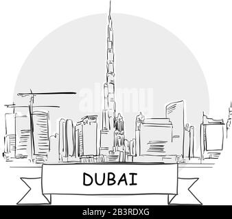 Panneau Vectoriel Urbain Dessiné À La Main À Dubaï. Illustration De L'Art De La Ligne Noire Avec Ruban Et Titre. Illustration de Vecteur