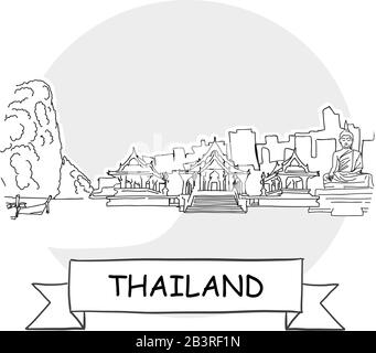 Thaïlande Signe Vectoriel Urbain Dessiné À La Main. Illustration De L'Art De La Ligne Noire Avec Ruban Et Titre. Illustration de Vecteur