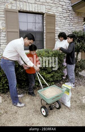 Austin, Texas: Famille hispanique travaillant dans la cour en hiver. M. ©Bob Daemmrich Banque D'Images