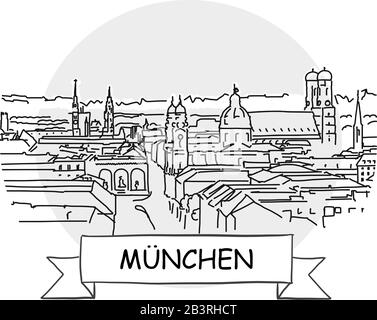 Panneau Vectoriel Urbain Dessiné À La Main À Munich. Illustration De L'Art De La Ligne Noire Avec Ruban Et Titre. Illustration de Vecteur