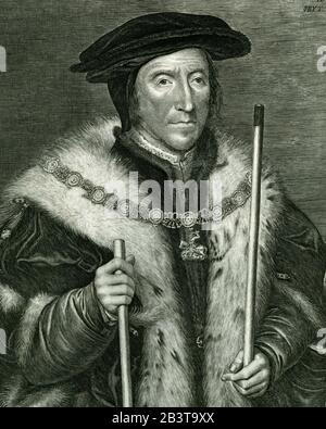 L'oncle d'Anne Boleyn, éminent noble anglais et politicien Tudor, Thomas Howard, 3rd duc de Norfolk (1473-1554). Détail de la gravure de copperplate créée en 1600s par le graveur et graveur Lucas Vorsterman The Elder (1595-1675), après un portrait peint vers 1540 par Hans Holbein le plus jeune (vers 1498-1543). Thomas Howard était l'oncle d'Anne Boleyn et de Catherine Howard, respectivement deuxième et cinquième épouses du roi Henri VIII d'Angleterre. Banque D'Images