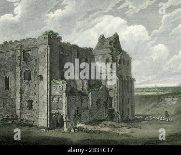 Castle Rising, Norfolk, Angleterre. Le château a été fondé en 1138 par le seigneur normand William d'Albini, pour sa nouvelle femme, la veuve du roi anglais Henry I. Détail de 1796 gravure colorée par le graveur anglais William Byrne, d'un dessin original du peintre, graveur, illustrateur et voyageur anglais Thomas Hearne (1744-1817). Banque D'Images