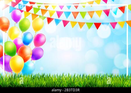 Ballons colorés et drapeaux de fête sur fond bleu avec herbe verte et bokeh. Illustration vectorielle Illustration de Vecteur