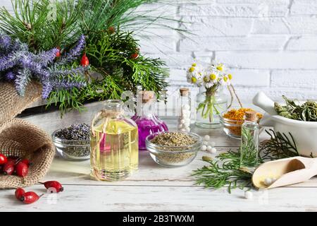 Variété d'herbes et de mélanges de plantes comme concept de médecine alternative sur fond de table en bois sur mur de brique. Traitement de l'homéopathie. Banque D'Images