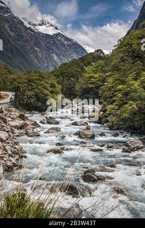 Rivière Hollyford, Route Te Anau Milford, Parc National De Fiordland, Près De Milford Sound, Région Du Sud-Est, Île Du Sud, Nouvelle-Zélande Banque D'Images