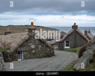 Gearrannan Blackhouse Village, Carloway, île de Lewis, extérieur Hebrides Scotland, Royaume-Uni Banque D'Images