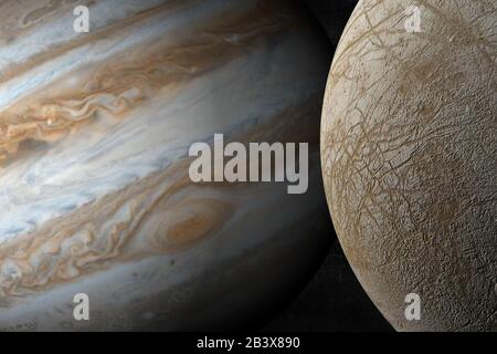 Satellite Europa et planète Jupiter en rotation dans l'espace. rendu tridimensionnel Banque D'Images