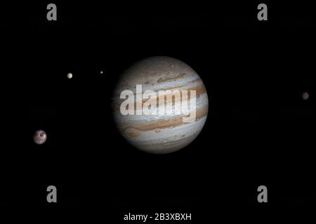 Jupiter planète et satellites galiléens en orbite. rendu tridimensionnel Banque D'Images