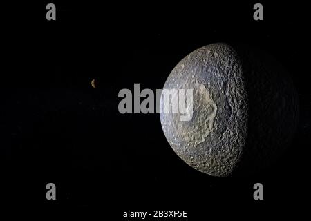 Mimas satellite, la lune de Saturne, en orbite dans l'espace. rendu tridimensionnel Banque D'Images