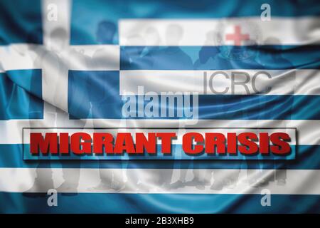 Sur l'affiche écrit: LA CRISE des migrants. Dans l'arrière-plan Drapeau de Grèce et Comité international de la Croix-Rouge (CICR), image floue. Banque D'Images