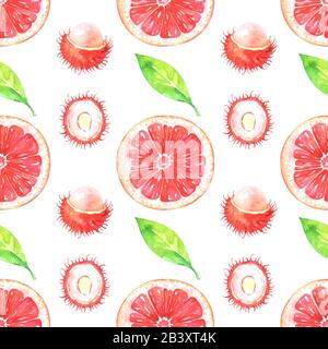Motif peint à la main avec pamplemousse aquarelle, ramboutan et feuilles vertes Banque D'Images