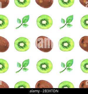 Motif peint à la main sans couture avec des tranches d'aquarelle et des feuilles de kiwi et de vert entières Banque D'Images