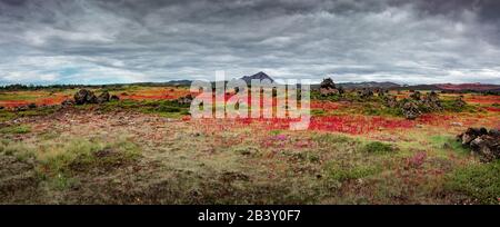 Vue panoramique du champ de lave près du lac Myvatn, ville Reykjahlid, et les volcans et Hverfjall Krafla en Islande Banque D'Images