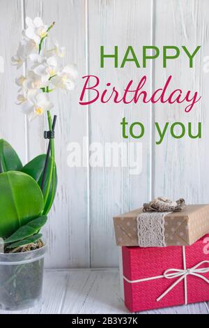 Joyeux Anniversaire Carte Avec Orchidee Rose Photo Stock Alamy