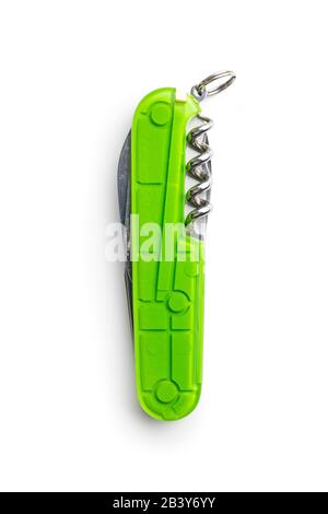 Couteau multi-outils vert isolé sur fond blanc. Banque D'Images