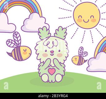 mignon adorable lapin assis dans l'herbe avec des abeilles arc-en-ciel nuages soleil dessin vectoriel de dessin animé Illustration de Vecteur