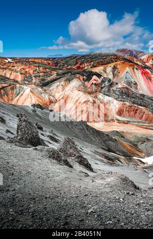 Un arc-en-ciel coloré comme des montagnes volcaniques de rhyolite Landmannalaugar dans les Highlands islandais comme pure nature sauvage en Islande, été Banque D'Images