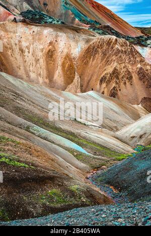 Un arc-en-ciel coloré comme des montagnes volcaniques de rhyolite Landmannalaugar dans les Highlands islandais comme pure nature sauvage en Islande, été Banque D'Images