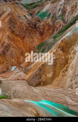 Un arc-en-ciel coloré comme des montagnes volcaniques de rhyolite Landmannalaugar dans les Highlands islandais comme pure nature sauvage en Islande, été Banque D'Images