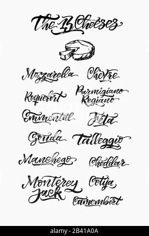 Jeu de fromages dessinés à la main. Calligraphie de la nourriture organique vectorielle. Motif lettrage vintage. Illustration de Vecteur