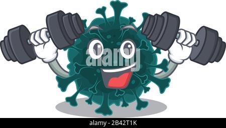 Smiley Fitness exercice coronavirus COVID 19 caricature personnage soulevant des barbells Illustration de Vecteur