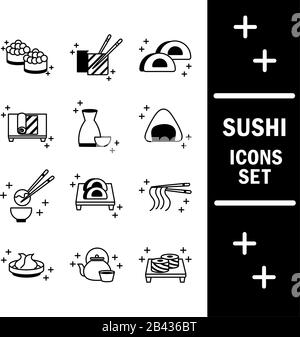 menu japonais oriental sushi icônes de cuisine traditionnelle définissent l'icône de style de ligne d'illustration vectorielle Illustration de Vecteur