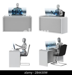 Concept de travailleur de l'automatisation avec ensemble de rendu tridimensionnel de cyborgs travaillant au bureau Banque D'Images