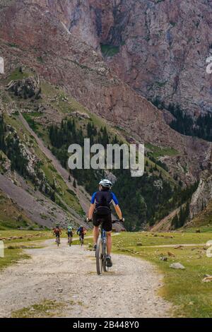 Un groupe de touristes voyagent des vélos dans les montagnes. La vue de l'arrière. Kirghizstan Banque D'Images